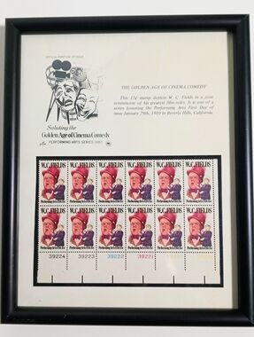 Framed Vintage 1980 Golden Age of Cinema US Stamps WC Fields 15c